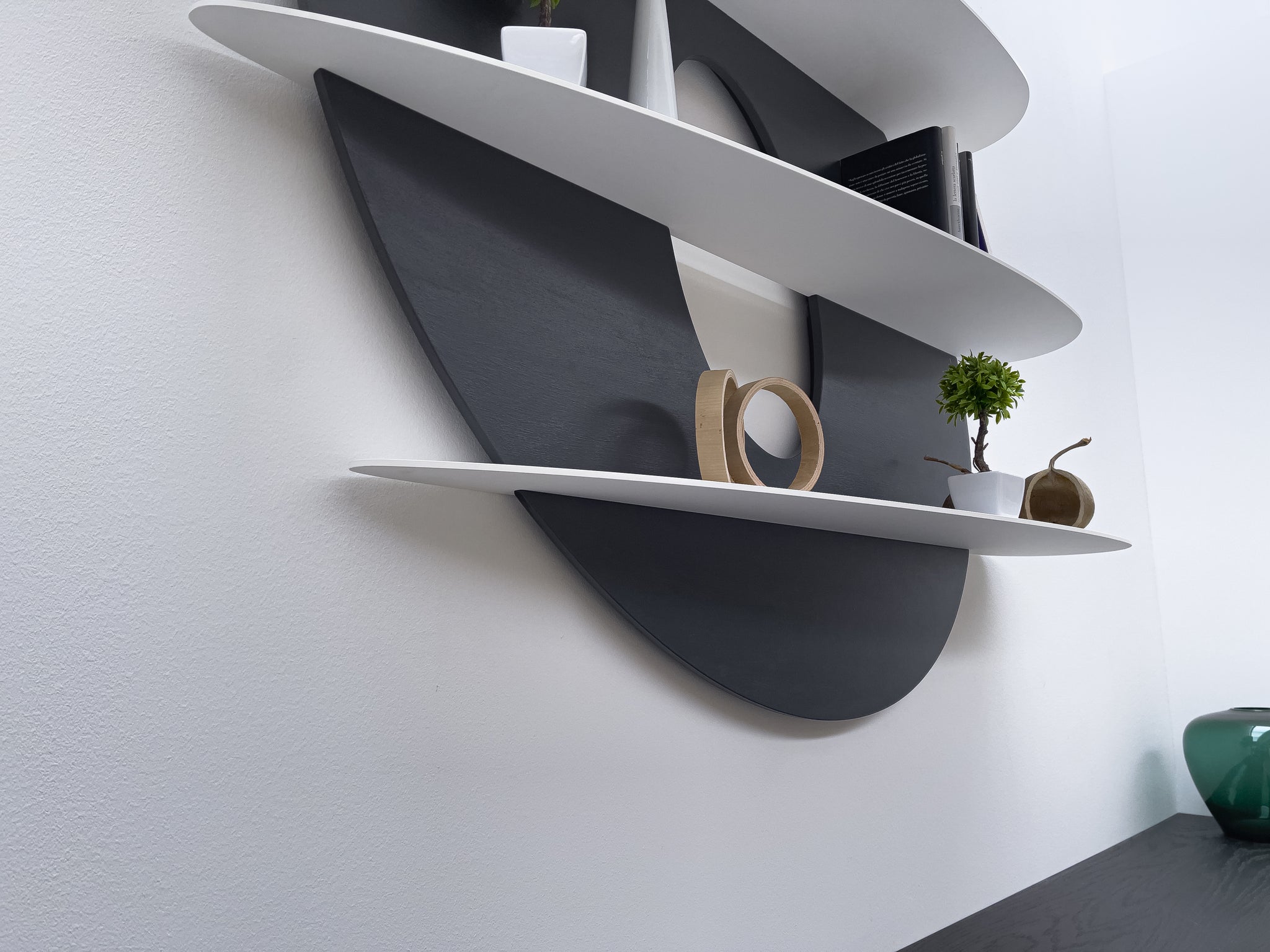 libreria ovale, black oval bookshelf, white curved shelves
